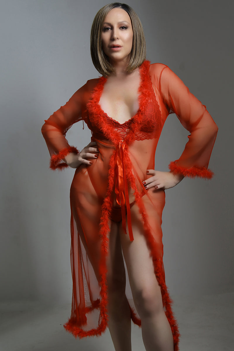 Feather Robe | Trans Lingerie Robe – Red
