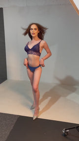 Trans model wearing Gaff and Go blue wide tucking gaff and lingerie.