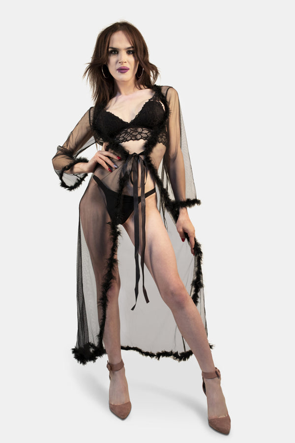 Feather Robe | Trans Lingerie Robe – Black