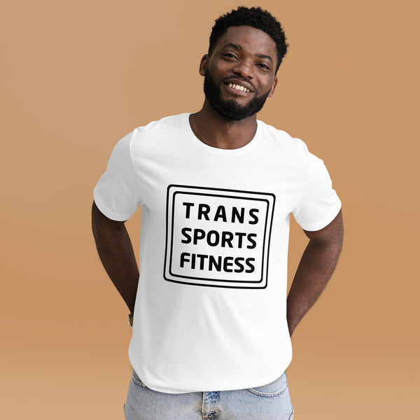 Person wearing a white "Trans Sports Fitness" t-shirt with bold black text, standing against a neutral background